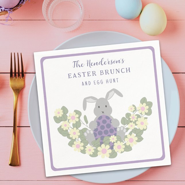 Personalized Easter Egg Hunt Brunch Bunny Floral Napkins (Personalized family name Easter egg hunt spring brunch cute bunny daisy floral meadow purple napkin )
