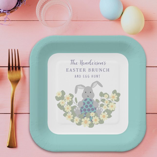 Personalized Easter Egg Hunt Brunch Bunny Floral Paper Plates (Personalized easter egg hunt spring brunch cute bunny floral paper plate)