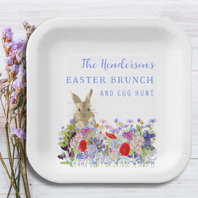 Personalized Easter Egg Hunt Brunch Bunny Floral Paper Plates (Easter brunch and egg hunt floral custom paper plates with cute bunny and watercolor wildflowers )