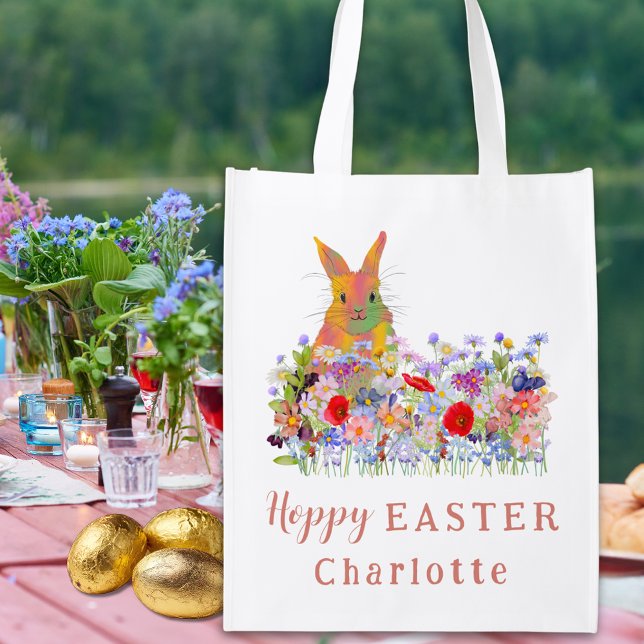 Personalized Easter Egg Hunt Bunny Floral Budget Grocery Bag (Personalized easter egg hunt cute colorful bunny wildflower floral tote bag)