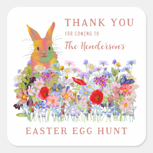 Personalized Easter Egg Hunt Bunny Floral Square Sticker (Front)