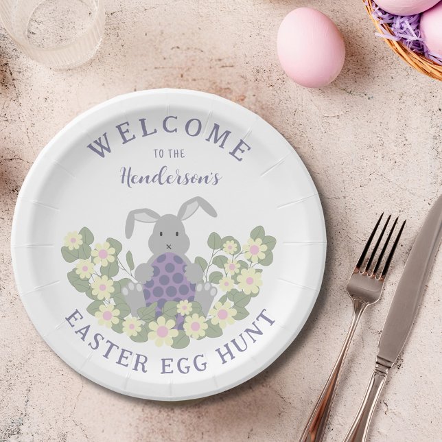 Personalized Easter Egg Hunt Bunny Spring Floral Paper Plates (Personalized easter egg hunt cute bunny floral welcome party paper plate)