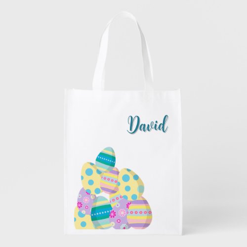Personalized Easter Egg hunt colorful eggs Blue Grocery Bag