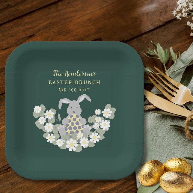 Personalized Easter Egg Hunt Cute Bunny Floral Paper Plates (Personalized easter egg hunt cute bunny spring floral party plates Green and yellow)