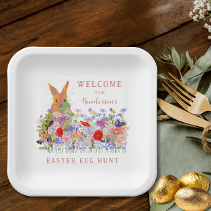 Personalized Easter Egg Hunt Cute Bunny Floral Paper Plates