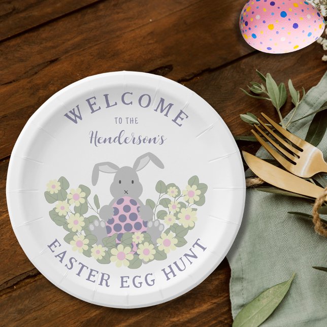 Personalized Easter Egg Hunt Cute Bunny Floral Paper Plates (Easter egg hunt cute bunny floral spring party paper plates)