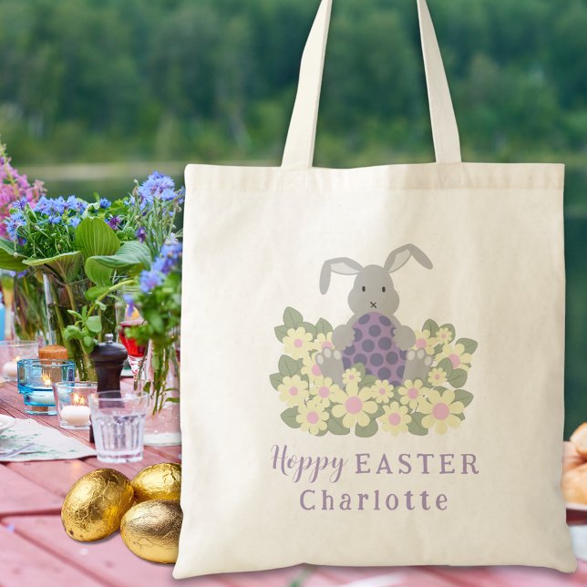 Personalized Easter Egg Hunt Cute Bunny Floral Tote Bag (Personalized kids name Easter egg hunt cute bunny spring floral tote bag Modern purple script)