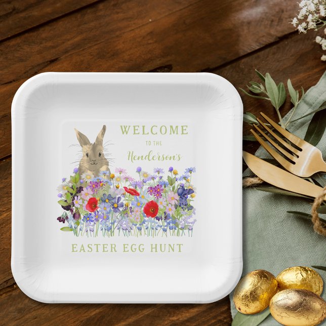 Personalized Easter Egg Hunt Cute Bunny Wildflower Paper Plates (Personalized easter egg hunt cute bunny wildflower floral spring party paper plate )