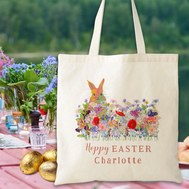 Personalized Easter Egg Hunt Cute Bunny Wildflower Tote Bag (Personalized easter egg hunt cute colorful bunny wildflower floral tote bag)