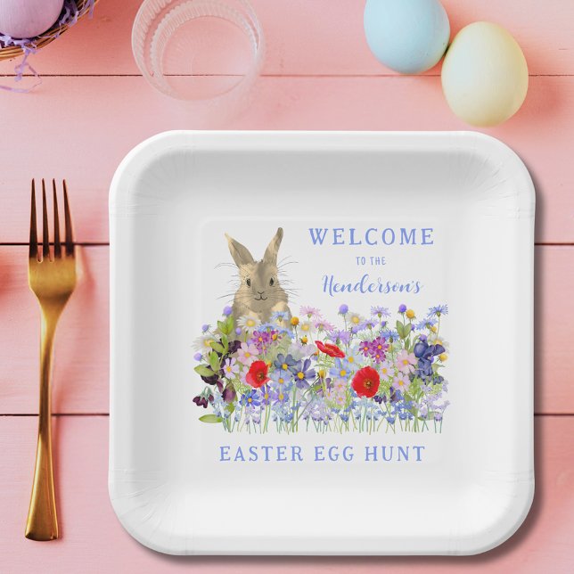 Personalized Easter Egg Hunt Floral Bunny Welcome Paper Plates (Personalized Easter egg hunt cute bunny wildflower floral spring party plate)