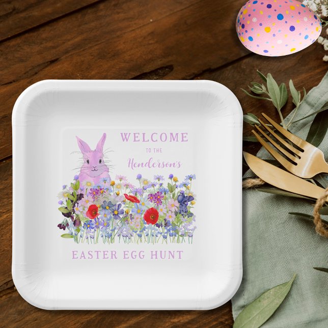 Personalized Easter Egg Hunt Pink Bunny Floral Paper Plates (Personalized easter egg hunt cute pink bunny colorful wildflower meadow spring floral party plate)