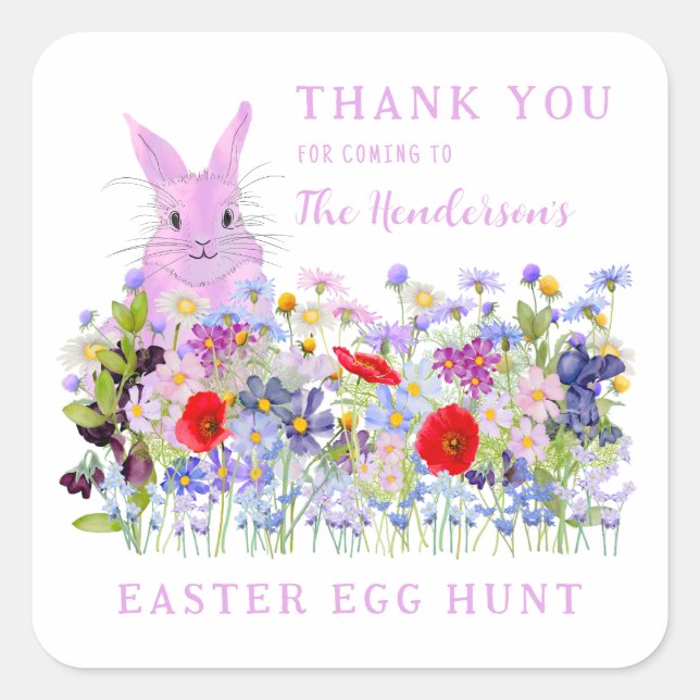 Personalized Easter Egg Hunt Pink Bunny Floral Square Sticker (Front)