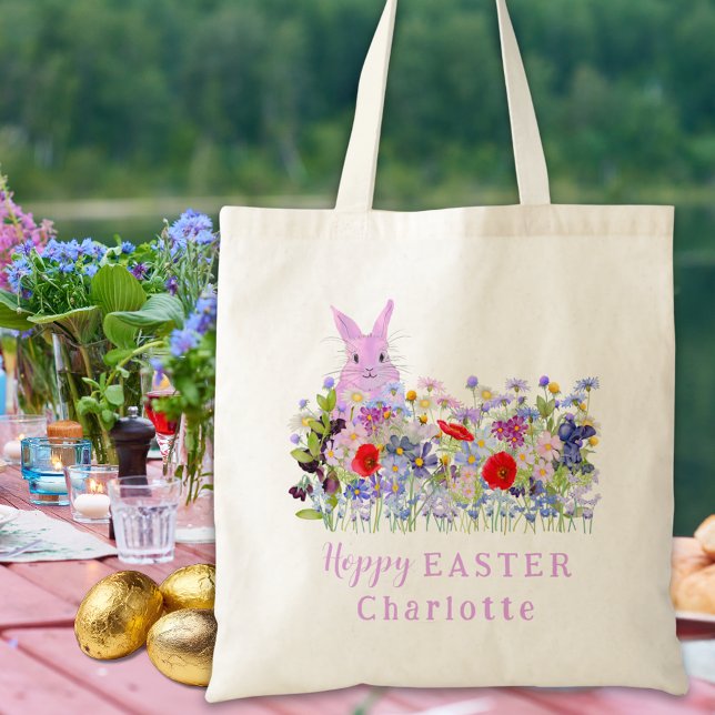 Personalized Easter Egg Hunt Pink Bunny Floral Tote Bag (Personalized girl name easter egg hunt cute pink bunny wildflower meadow floral garden party tote )
