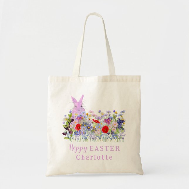 Personalized Easter Egg Hunt Pink Bunny Floral Tote Bag (Front)