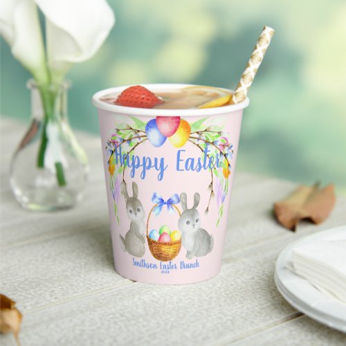 Personalized Easter Eggs Bunnies Florals Pink Paper Cups