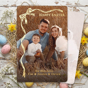 Personalized Easter Family Photo Gold Ribbon Bow Foil Holiday Card