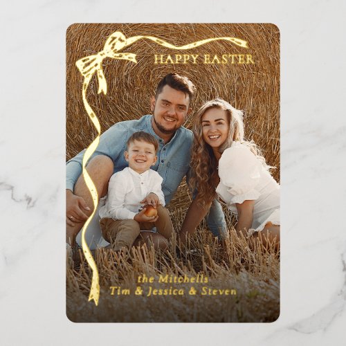 Personalized Easter Family Photo Gold Ribbon Bow Foil Holiday Card