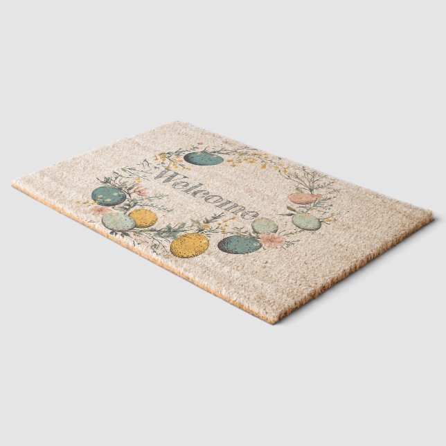 Personalized Easter Floral Egg Wreath Welcome Fiber Doormat (Corner)
