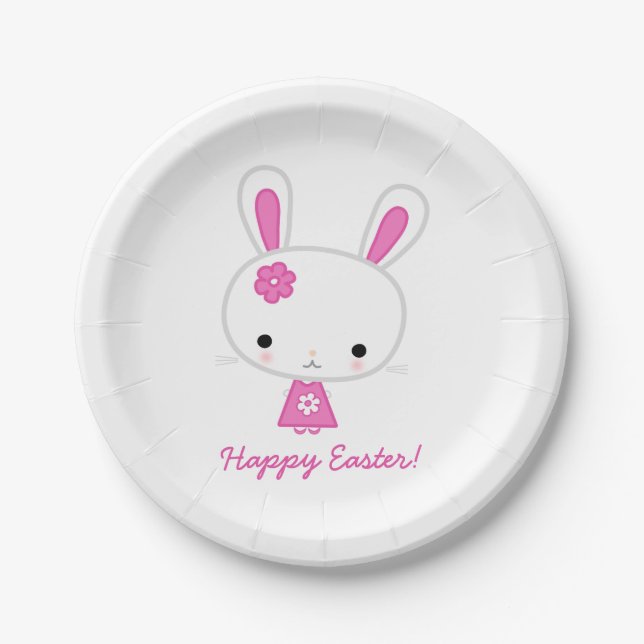 Personalized Easter Paper Plates With Pink Bunny (Front)
