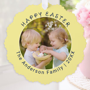Personalized Easter Photo Family Name Yellow Ornament Card