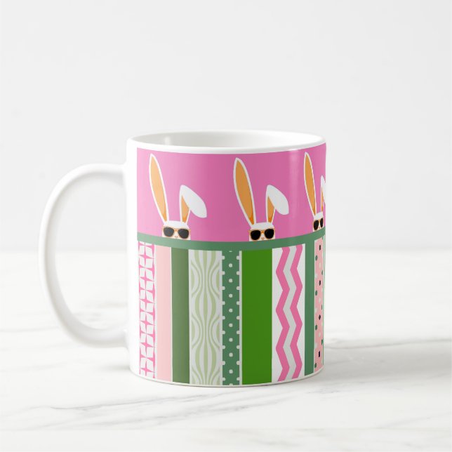 Personalized Easter Pink and Green White Rabbits Coffee Mug (Left)