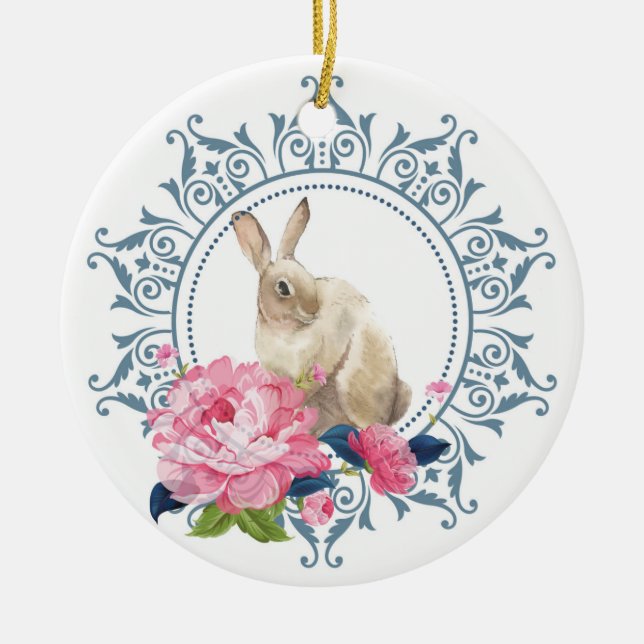 Personalized Easter Rabbit Floral design Ceramic Ornament (Front)