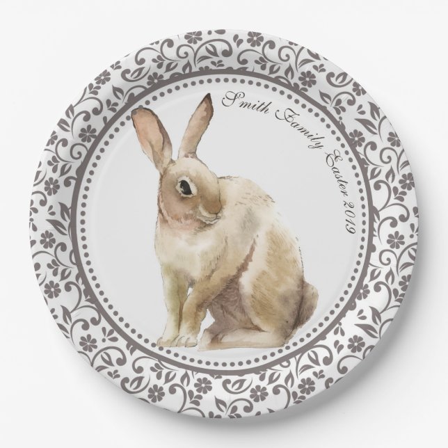 Personalized Easter Rabbit Floral Paper Plates (Front)