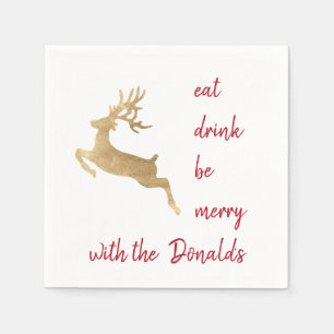 Personalized Eat Drink Be merry red gold deer name Napkins