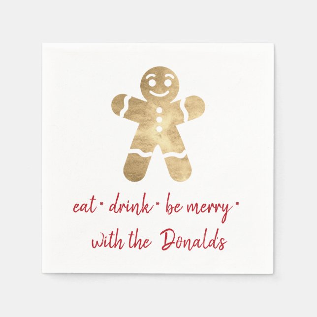 Personalized Eat Drink Be Merry Red Gold Ginger Napkins (Front)