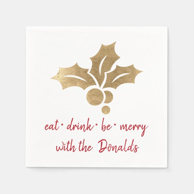Personalized Eat Drink Be Merry Red Gold Star Name Napkins (Front)