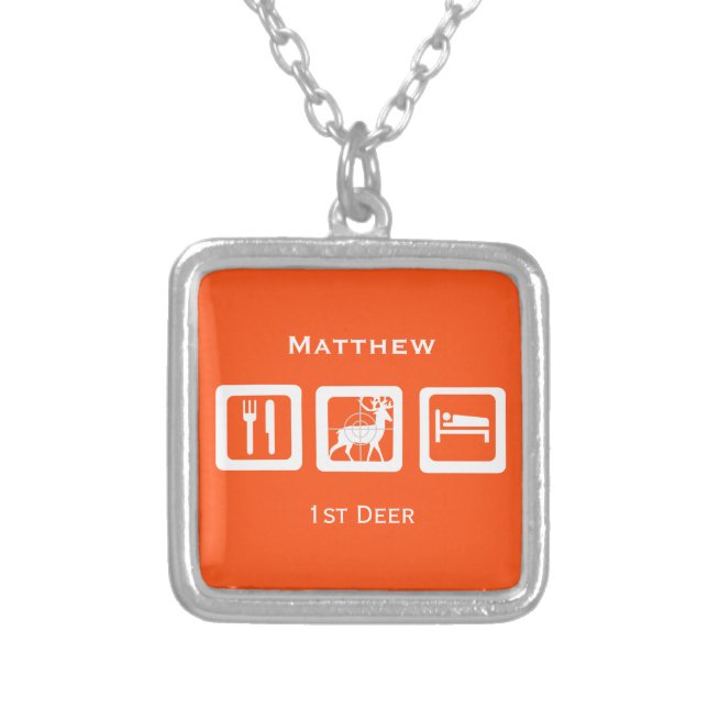 Personalized Eat Sleep Hunt 1st Deer Keepsake Silver Plated Necklace (Front)