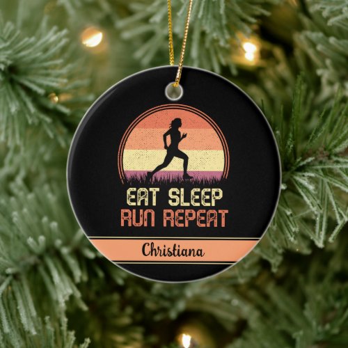 Personalized Eat Sleep Run Repeat Retro Athlete Ceramic Ornament