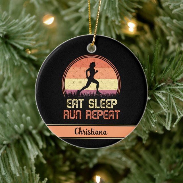Personalized Eat Sleep Run Repeat Retro Athlete Ceramic Ornament (Tree)