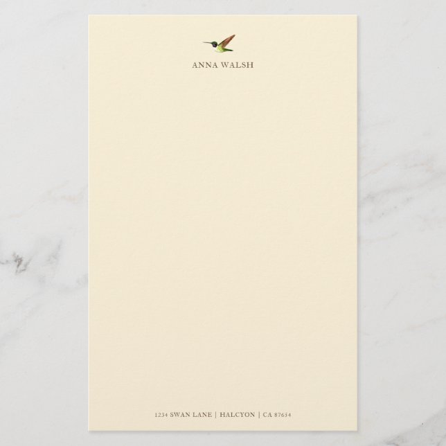 Personalized Ecru Anna's Hummingbird Stationery (Front)