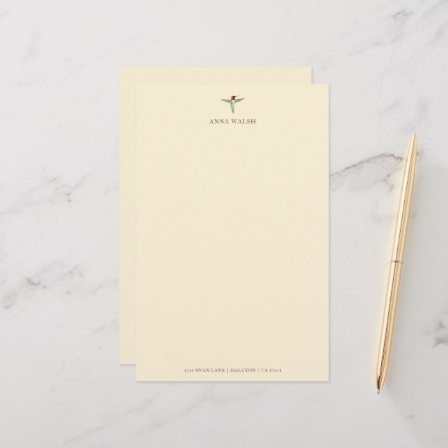 Personalized Ecru Hummingbird Stationery (Front/Back In Situ)
