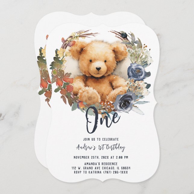 Personalized  Editable 1st Birthday Boy Bear Invitation (Front/Back)