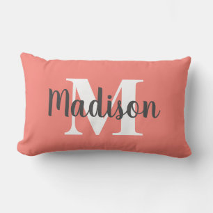 Personalized Editable Color Monogram Name Coral Lumbar Pillow