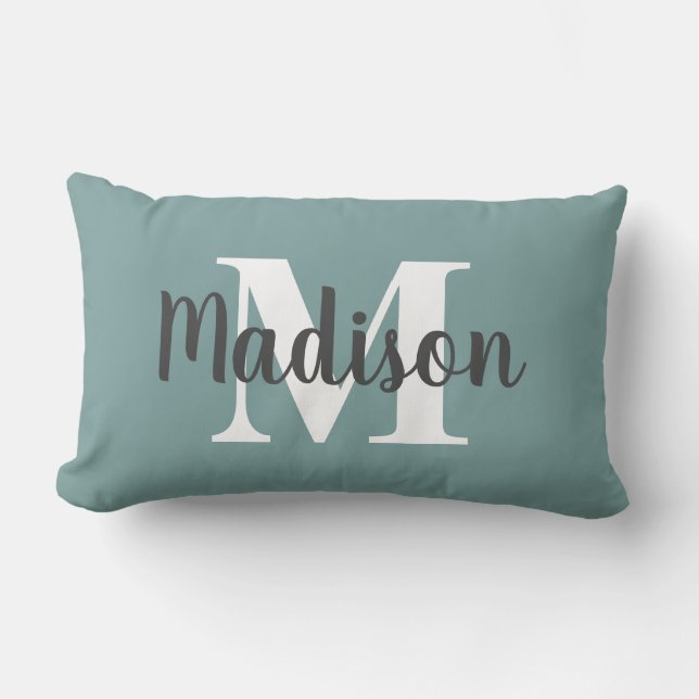 Personalized Editable Color Monogram Name Teal Lumbar Pillow (Front)
