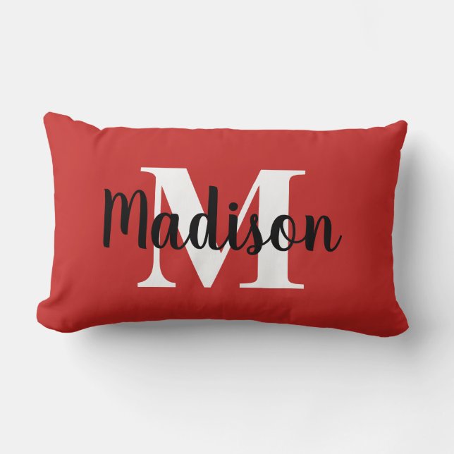 Personalized Editable Color Monogram Red White Lumbar Pillow (Front)