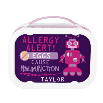 Personalized Egg Allergy Alert Magenta Robot Lunch Box by LilAllergyAdvocates at Zazzle