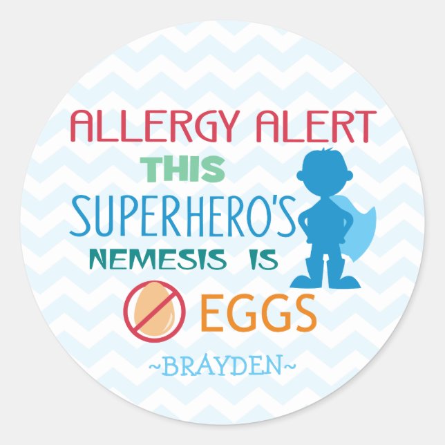 Personalized Egg Allergy Alert Superhero Boy Classic Round Sticker (Front)