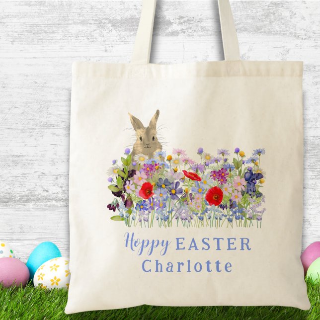 Personalized Egg Hunt Hoppy Easter Bunny Floral Tote Bag (Easter brunch and egg hunt custom tote bag with cute Easter bunny and watercolor florals)