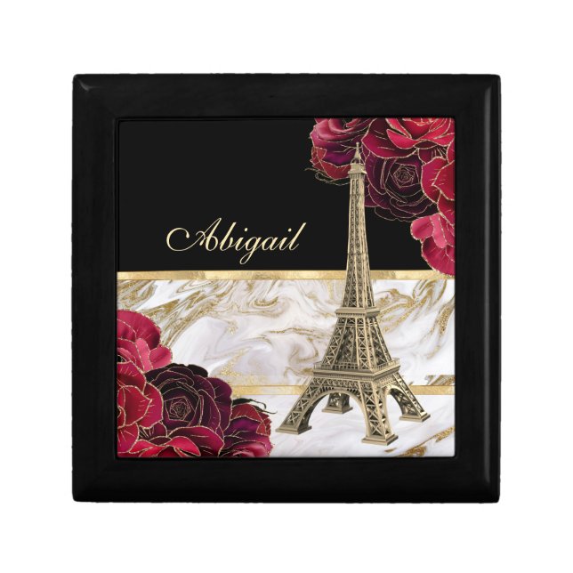 Personalized Eiffel Tower Gold, Black Marble Rose Gift Box (Front)