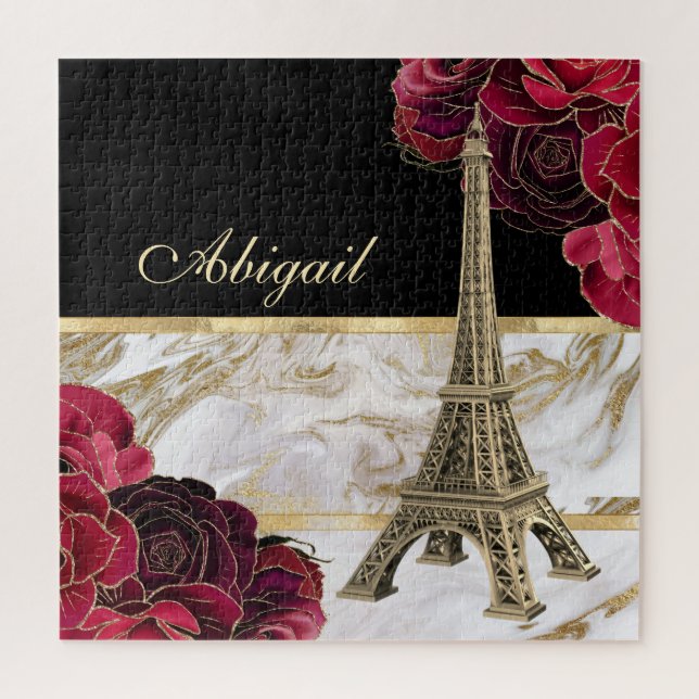 Personalized Eiffel Tower Gold, Black Marble Rose Jigsaw Puzzle (Vertical)