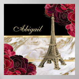 Personalized Eiffel Tower Gold, Black Marble Rose Poster