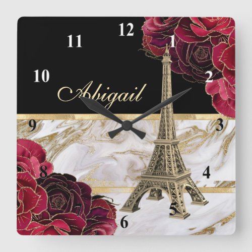 Personalized Eiffel Tower Gold Black Marble Rose Square Wall Clock