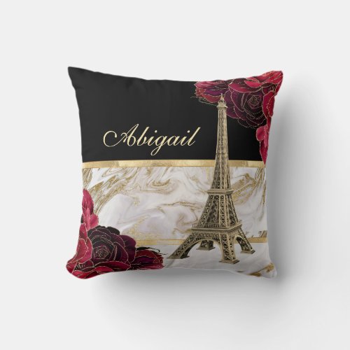 Personalized Eiffel Tower Gold Black Marble Rose Throw Pillow