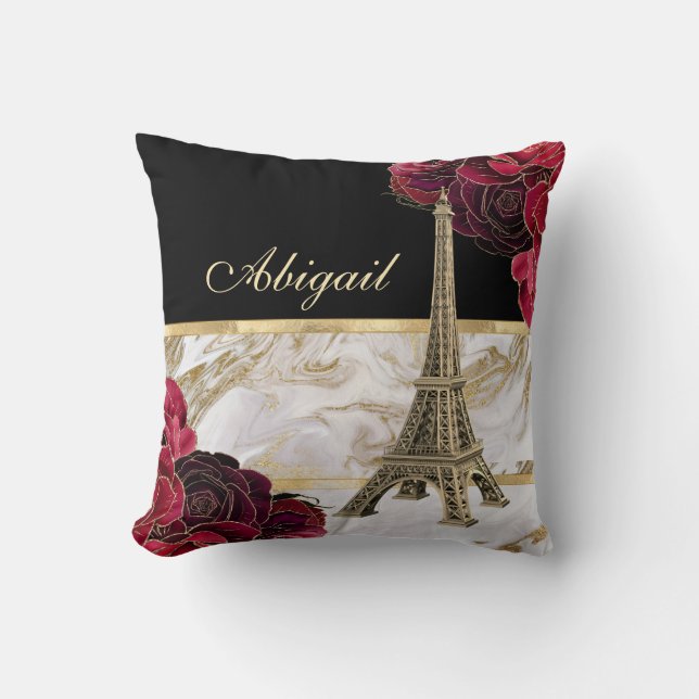 Personalized Eiffel Tower Gold, Black Marble Rose Throw Pillow (Front)
