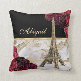 Personalized Eiffel Tower Gold, Black Marble Rose Throw Pillow