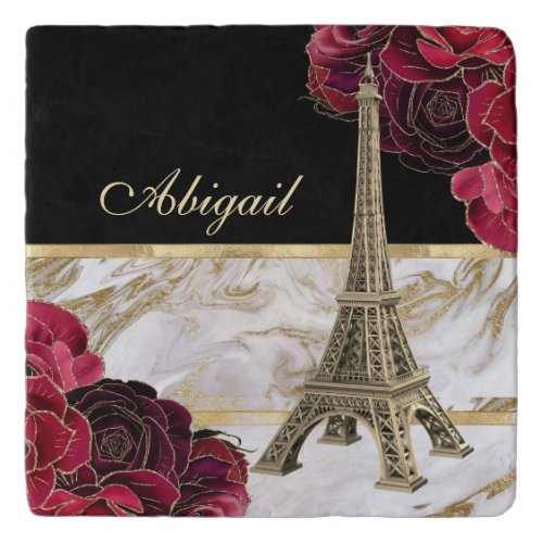 Personalized Eiffel Tower Gold Black Marble Rose Trivet